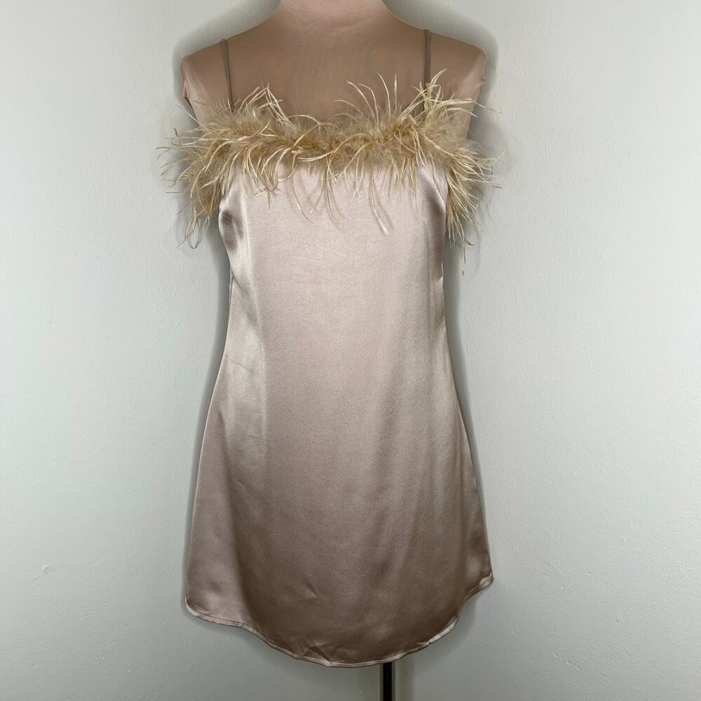 Charmed Hearts Slip Dress Medium Womens Feather Trim Satin Party Going Out Chic
